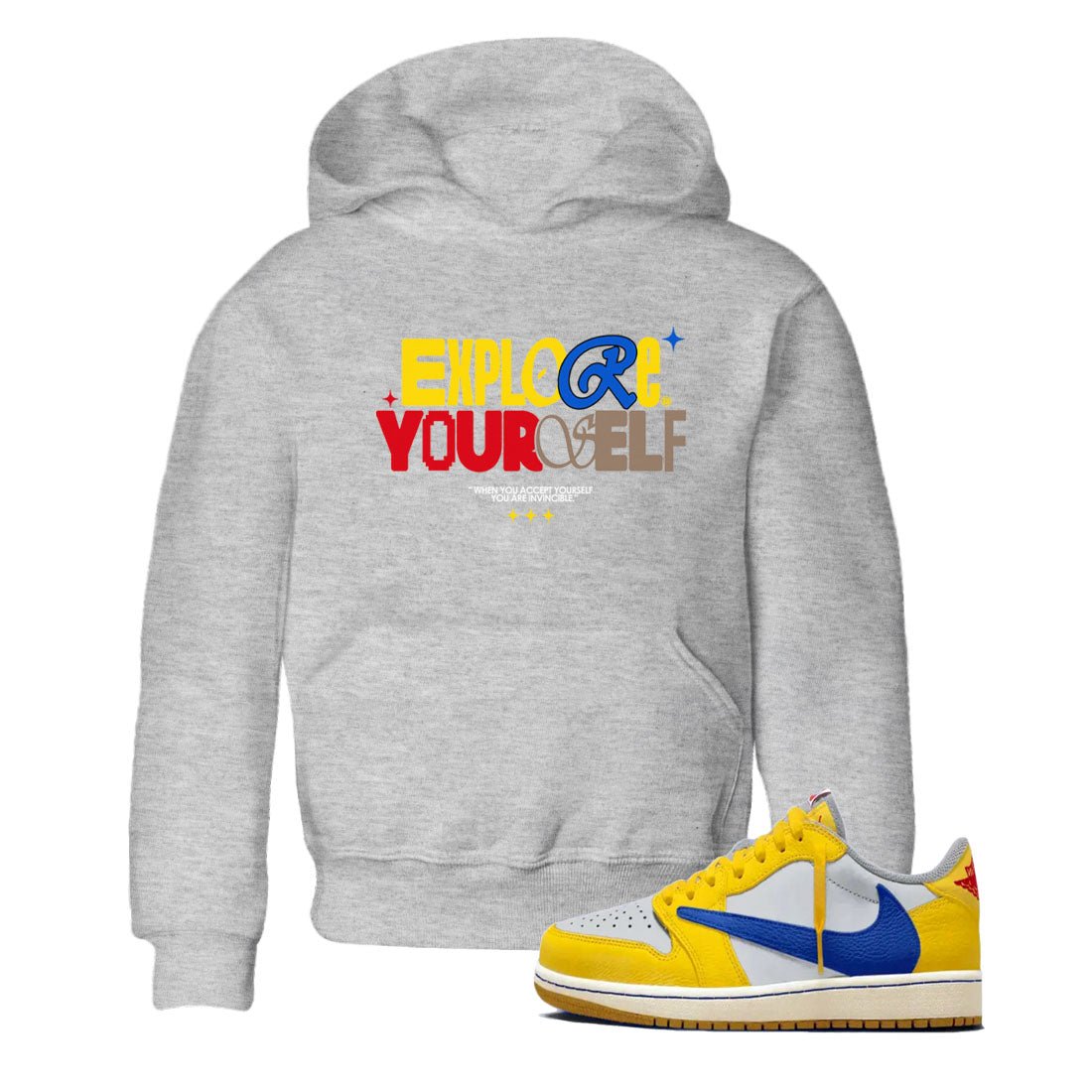 Air Jordan 1 Low Travis Scott Canary shirts to match jordans Explore Yourself sneaker match tees AJ1 Travis Scott Canary SNRT Sneaker release tees baby toddler Heather Grey 1 cotton Shirt