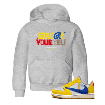 Air Jordan 1 Low Travis Scott Canary shirts to match jordans Explore Yourself sneaker match tees AJ1 Travis Scott Canary SNRT Sneaker release tees baby toddler Heather Grey 1 cotton Shirt