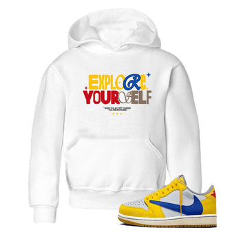Air Jordan 1 Low Travis Scott Canary shirts to match jordans Explore Yourself sneaker match tees AJ1 Travis Scott Canary SNRT Sneaker release tees baby toddler White 1 cotton Shirt