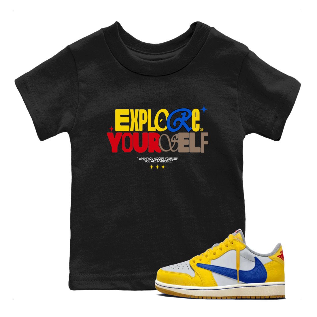 Air Jordan 1 Low Travis Scott Canary shirts to match jordans Explore Yourself sneaker match tees AJ1 Travis Scott Canary SNRT Sneaker release tees baby toddler Black 1 cotton Shirt