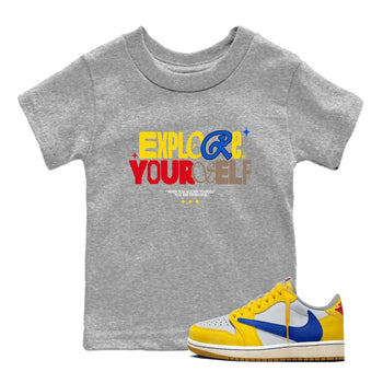 Air Jordan 1 Low Travis Scott Canary shirts to match jordans Explore Yourself sneaker match tees AJ1 Travis Scott Canary SNRT Sneaker release tees baby toddler Heather Grey 1 cotton Shirt