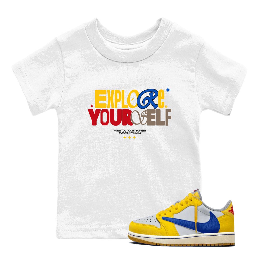 Air Jordan 1 Low Travis Scott Canary shirts to match jordans Explore Yourself sneaker match tees AJ1 Travis Scott Canary SNRT Sneaker release tees baby toddler White 1 cotton Shirt