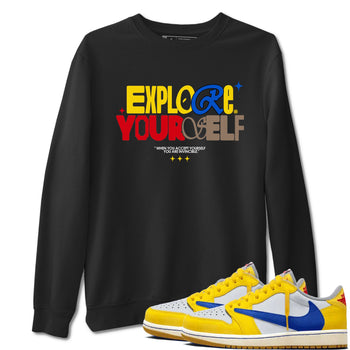 Air Jordan 1 Low Travis Scott Canary shirts to match jordans Explore Yourself sneaker match tees AJ1 Travis Scott Canary SNRT Sneaker Release Tees unisex cotton Black 1 crew neck shirt