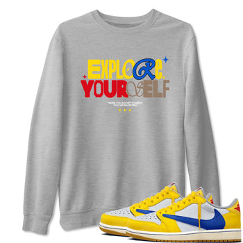 Air Jordan 1 Low Travis Scott Canary shirts to match jordans Explore Yourself sneaker match tees AJ1 Travis Scott Canary SNRT Sneaker Release Tees unisex cotton Heather Grey 1 crew neck shirt