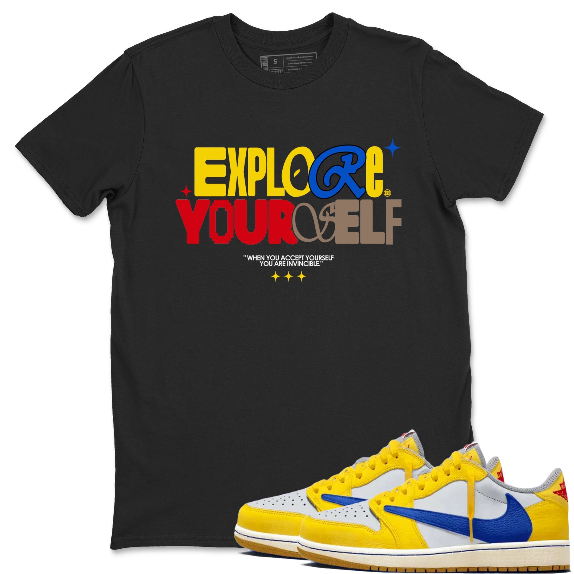 Air Jordan 1 Low Travis Scott Canary shirts to match jordans Explore Yourself sneaker match tees AJ1 Travis Scott Canary SNRT Sneaker Release Tees unisex cotton Black 1 crew neck shirt
