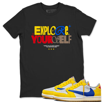 Air Jordan 1 Low Travis Scott Canary shirts to match jordans Explore Yourself sneaker match tees AJ1 Travis Scott Canary SNRT Sneaker Release Tees unisex cotton Black 1 crew neck shirt