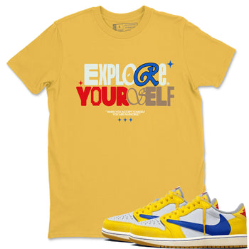 Air Jordan 1 Low Travis Scott Canary shirts to match jordans Explore Yourself sneaker match tees AJ1 Travis Scott Canary SNRT Sneaker Release Tees unisex cotton Daisy 1 crew neck shirt