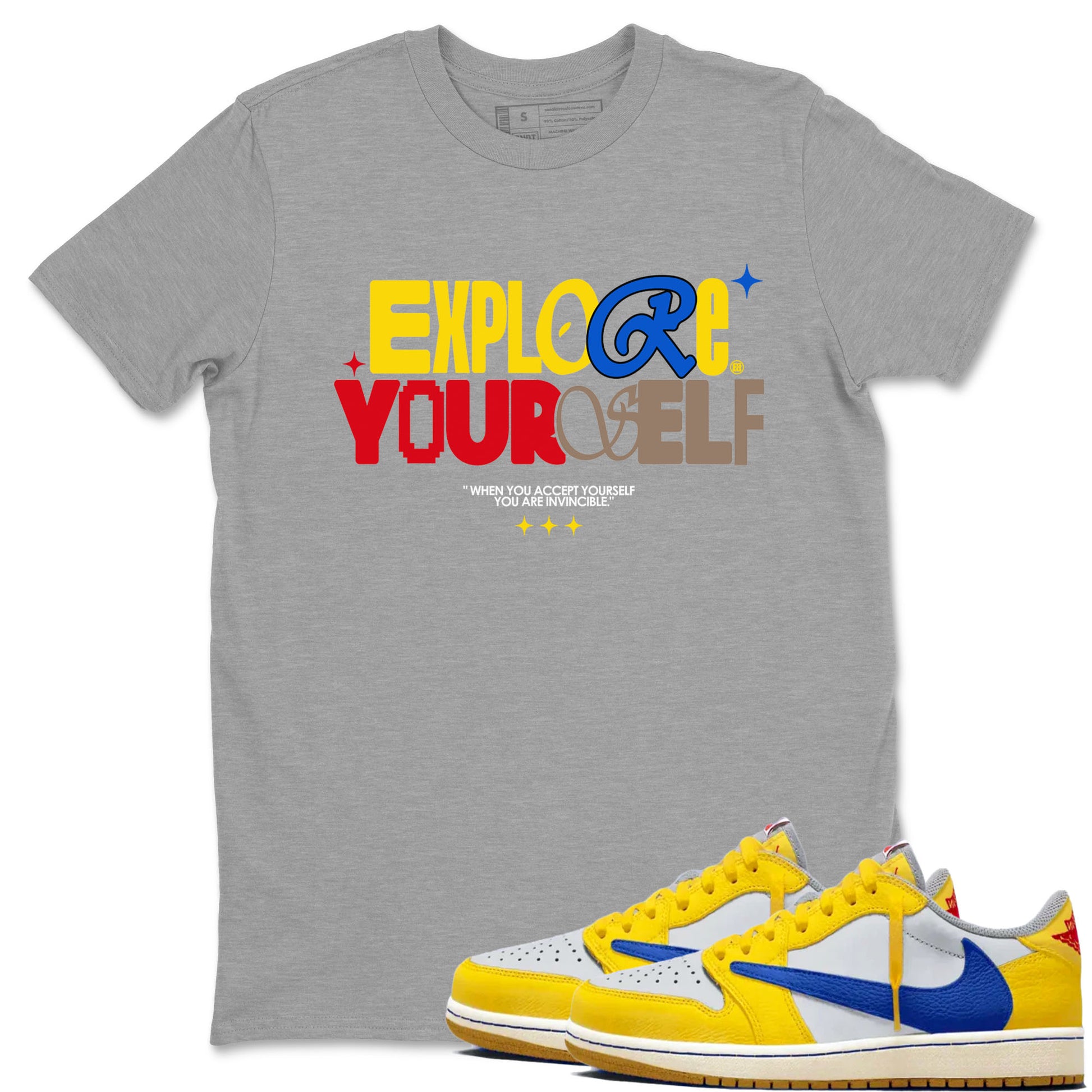 Air Jordan 1 Low Travis Scott Canary shirts to match jordans Explore Yourself sneaker match tees AJ1 Travis Scott Canary SNRT Sneaker Release Tees unisex cotton Heather Grey 1 crew neck shirt