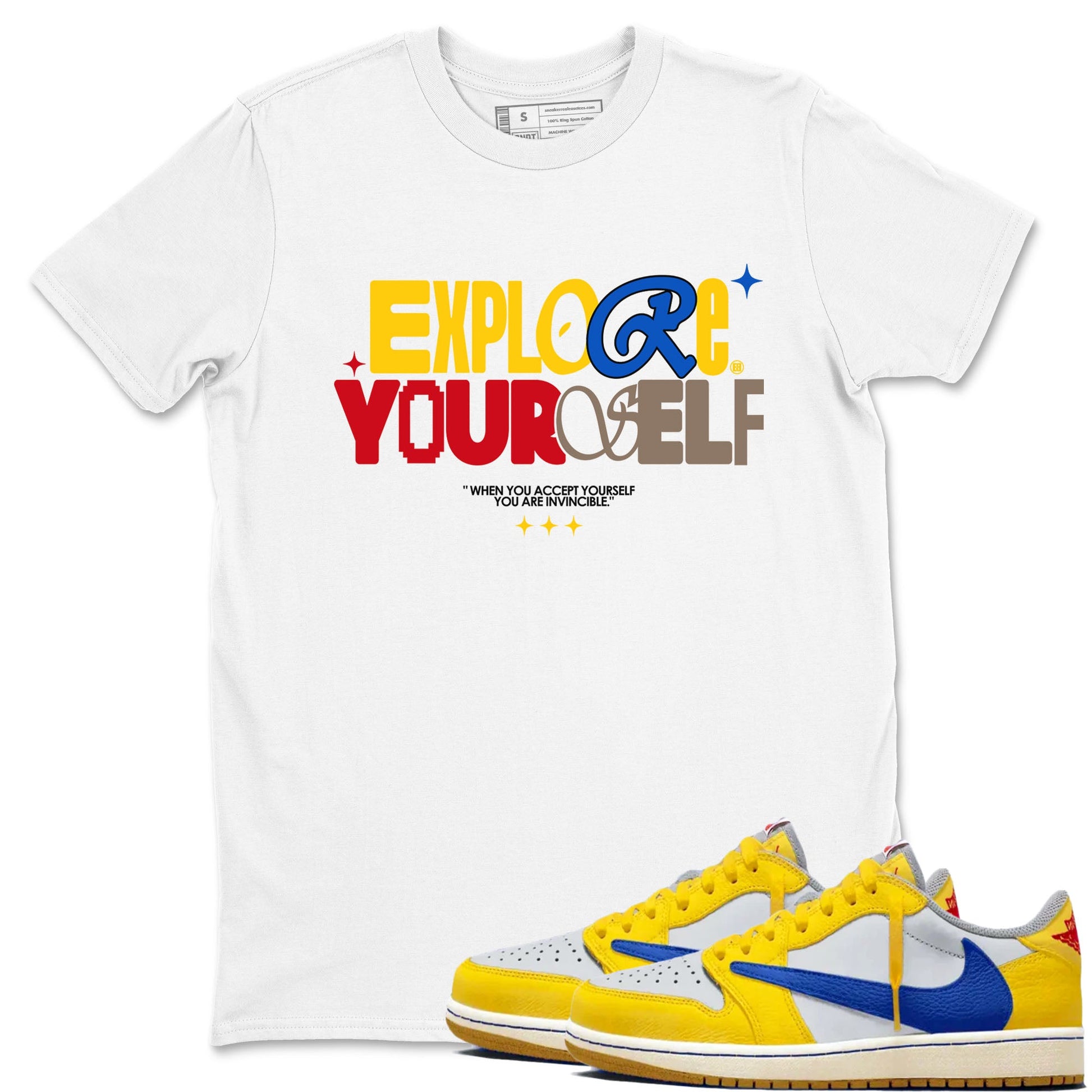 Air Jordan 1 Low Travis Scott Canary shirts to match jordans Explore Yourself sneaker match tees AJ1 Travis Scott Canary SNRT Sneaker Release Tees unisex cotton White 1 crew neck shirt