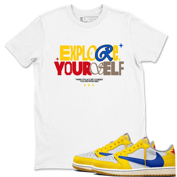 Air Jordan 1 Low Travis Scott Canary shirts to match jordans Explore Yourself sneaker match tees AJ1 Travis Scott Canary SNRT Sneaker Release Tees unisex cotton White 1 crew neck shirt