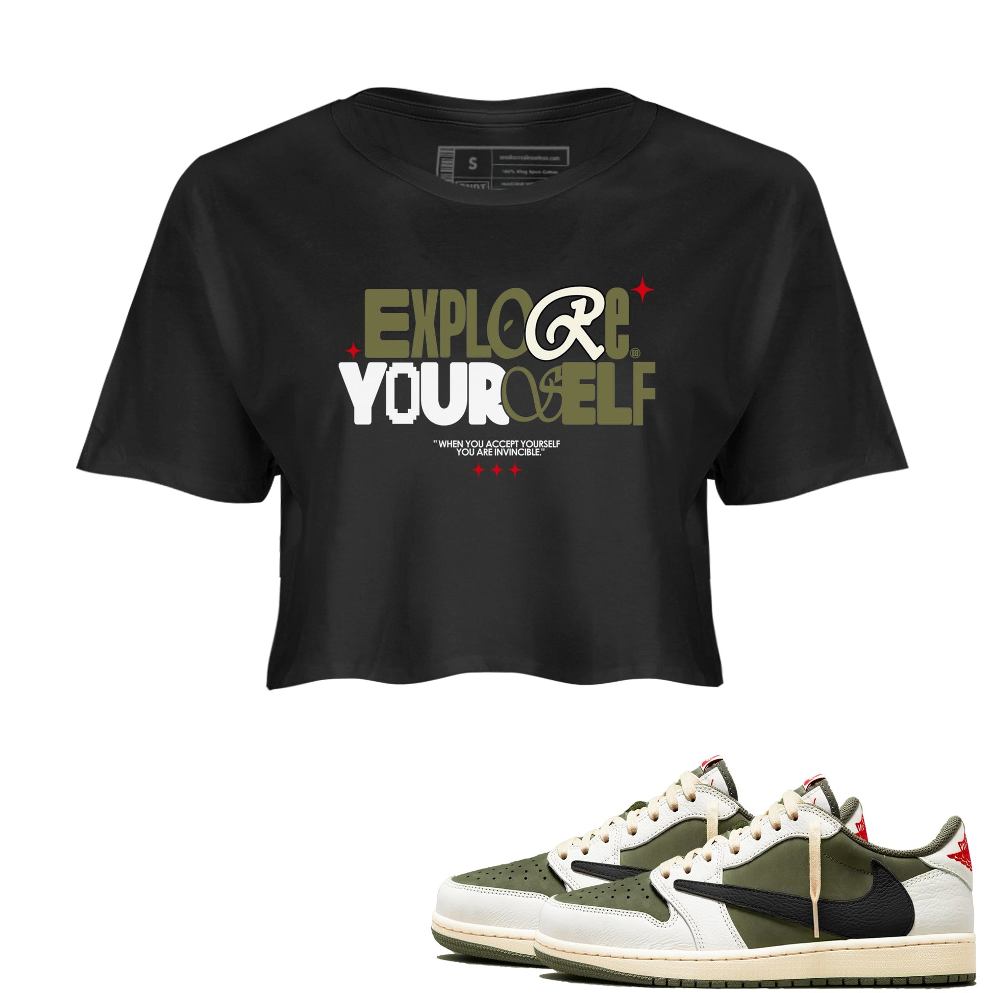 AJ1 Travis Scott Medium Olive shirts to match jordans Explore Yourself sneaker match tees Air Jordan 1 Travis Scott Medium Olive SNRT Sneaker Tees streetwear brand