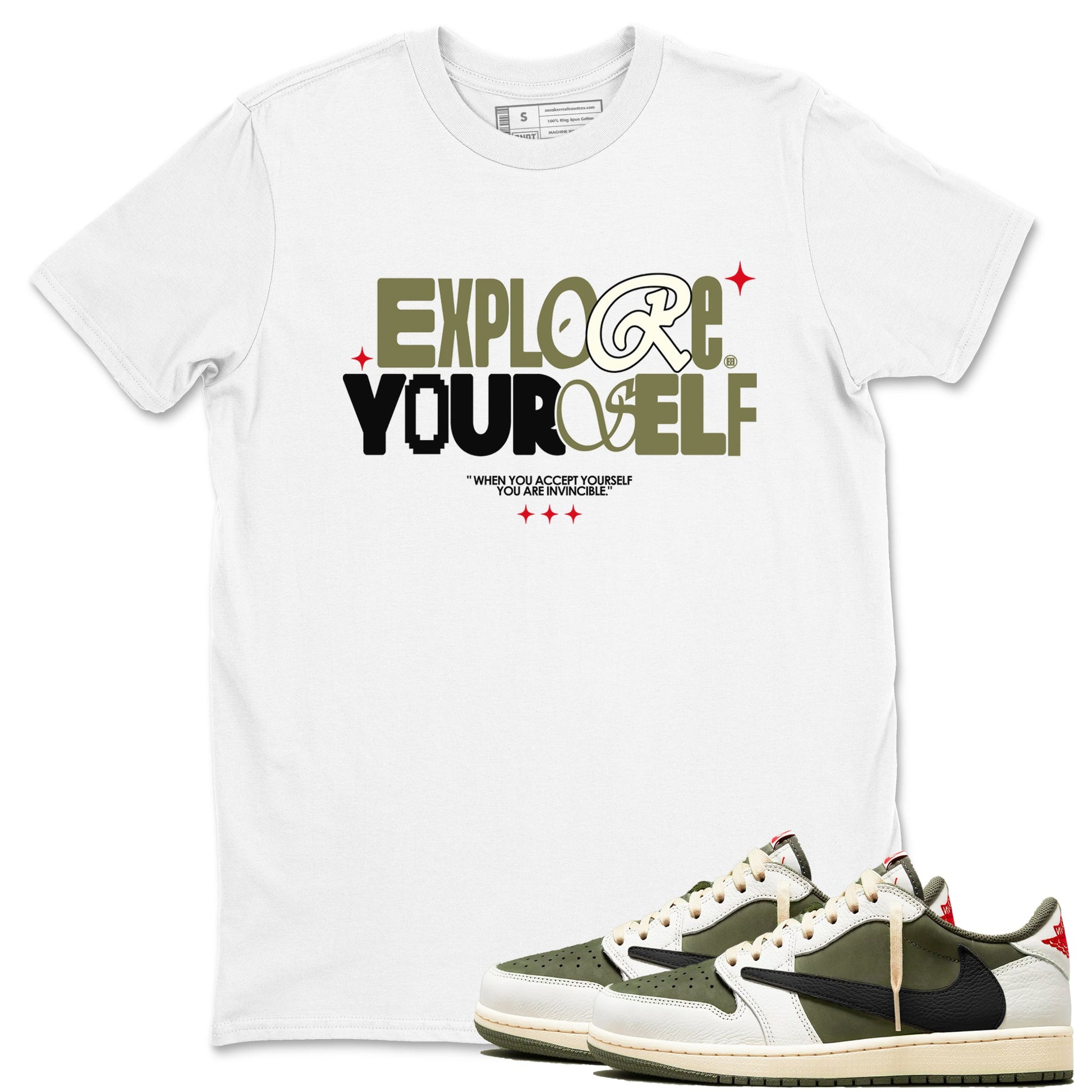 AJ1 Travis Scott Medium Olive shirts to match jordans Explore Yourself sneaker match tees Air Jordan 1 Travis Scott Medium Olive SNRT Sneaker Tees streetwear brand