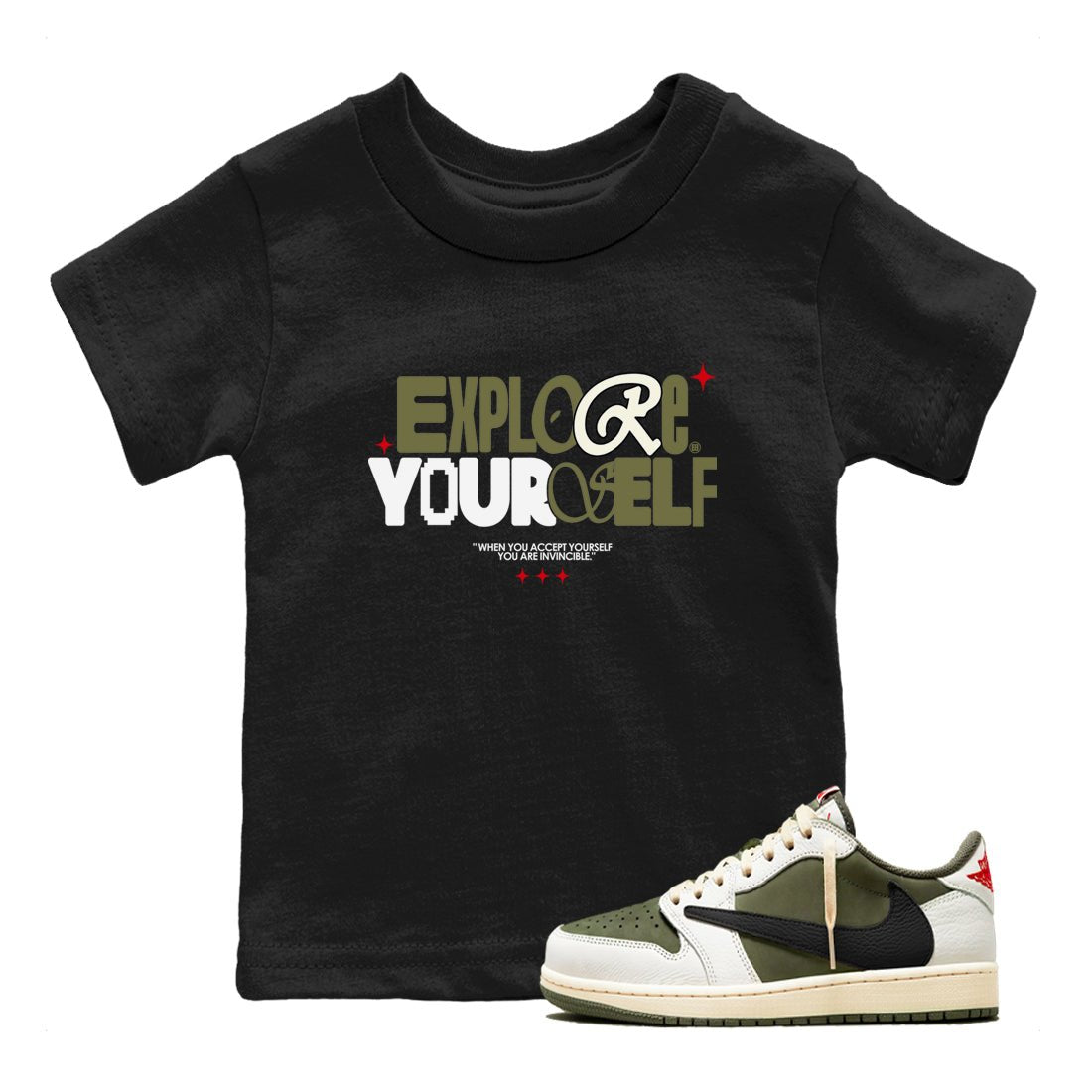 AJ1 Travis Scott Medium Olive shirts to match jordans Explore Yourself sneaker match tees Air Jordan 1 Travis Scott Medium Olive SNRT Sneaker Tees streetwear brand