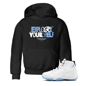11s Legend Blue shirts to match jordans Explore Yourself sneaker match tees Air Jordan 11 Legend Blue SNRT Sneaker Release Tees Youth Baby Black 1 crew neck shirts