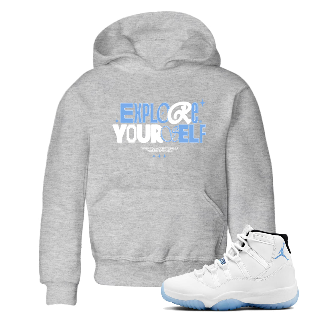 11s Legend Blue shirts to match jordans Explore Yourself sneaker match tees Air Jordan 11 Legend Blue SNRT Sneaker Release Tees Youth Baby Heather Grey 1 crew neck shirts