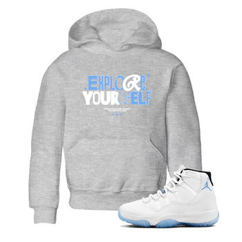 11s Legend Blue shirts to match jordans Explore Yourself sneaker match tees Air Jordan 11 Legend Blue SNRT Sneaker Release Tees Youth Baby Heather Grey 1 crew neck shirts