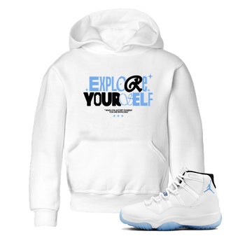 11s Legend Blue shirts to match jordans Explore Yourself sneaker match tees Air Jordan 11 Legend Blue SNRT Sneaker Release Tees Youth Baby White 1 crew neck shirts