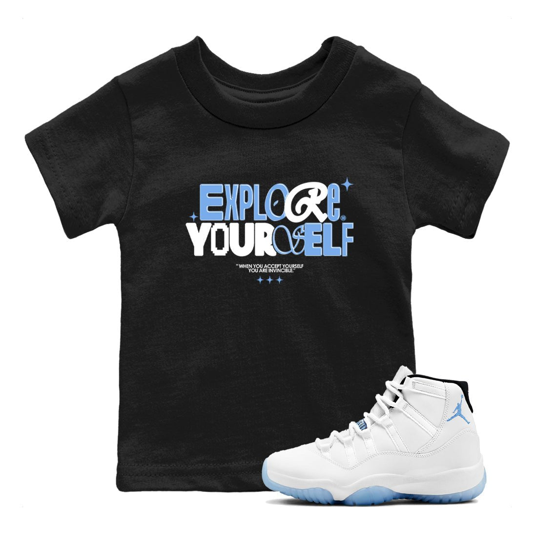 11s Legend Blue shirts to match jordans Explore Yourself sneaker match tees Air Jordan 11 Legend Blue SNRT Sneaker Release Tees Youth Baby Black 1 crew neck shirts