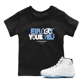 11s Legend Blue shirts to match jordans Explore Yourself sneaker match tees Air Jordan 11 Legend Blue SNRT Sneaker Release Tees Youth Baby Black 1 crew neck shirts