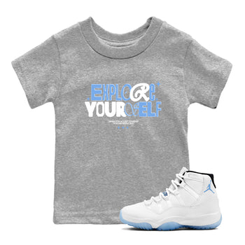 11s Legend Blue shirts to match jordans Explore Yourself sneaker match tees Air Jordan 11 Legend Blue SNRT Sneaker Release Tees Youth Baby Heather Grey 1 crew neck shirts