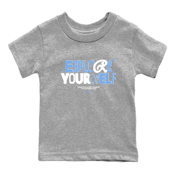 11s Legend Blue shirts to match jordans Explore Yourself sneaker match tees Air Jordan 11 Legend Blue SNRT Sneaker Release Tees Youth Baby Heather Grey 2 crew neck shirts