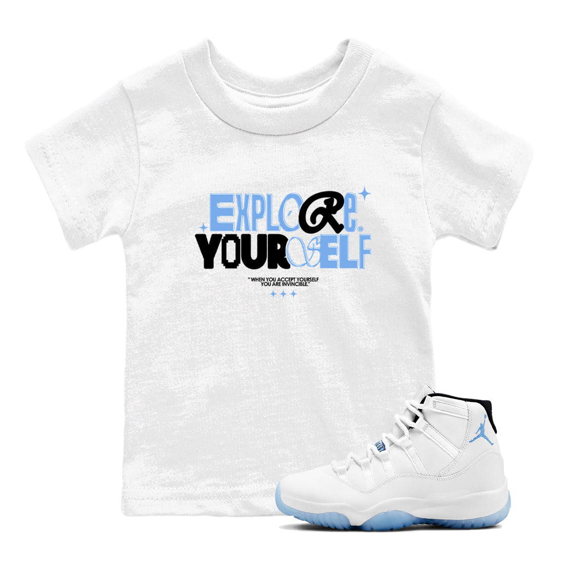11s Legend Blue shirts to match jordans Explore Yourself sneaker match tees Air Jordan 11 Legend Blue SNRT Sneaker Release Tees Youth Baby White 1 crew neck shirts