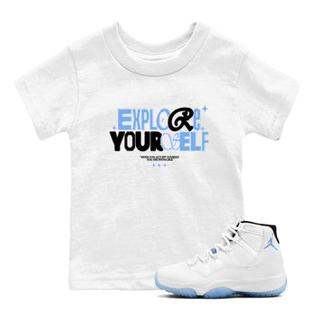 11s Legend Blue shirts to match jordans Explore Yourself sneaker match tees Air Jordan 11 Legend Blue SNRT Sneaker Release Tees Youth Baby White 1 crew neck shirts