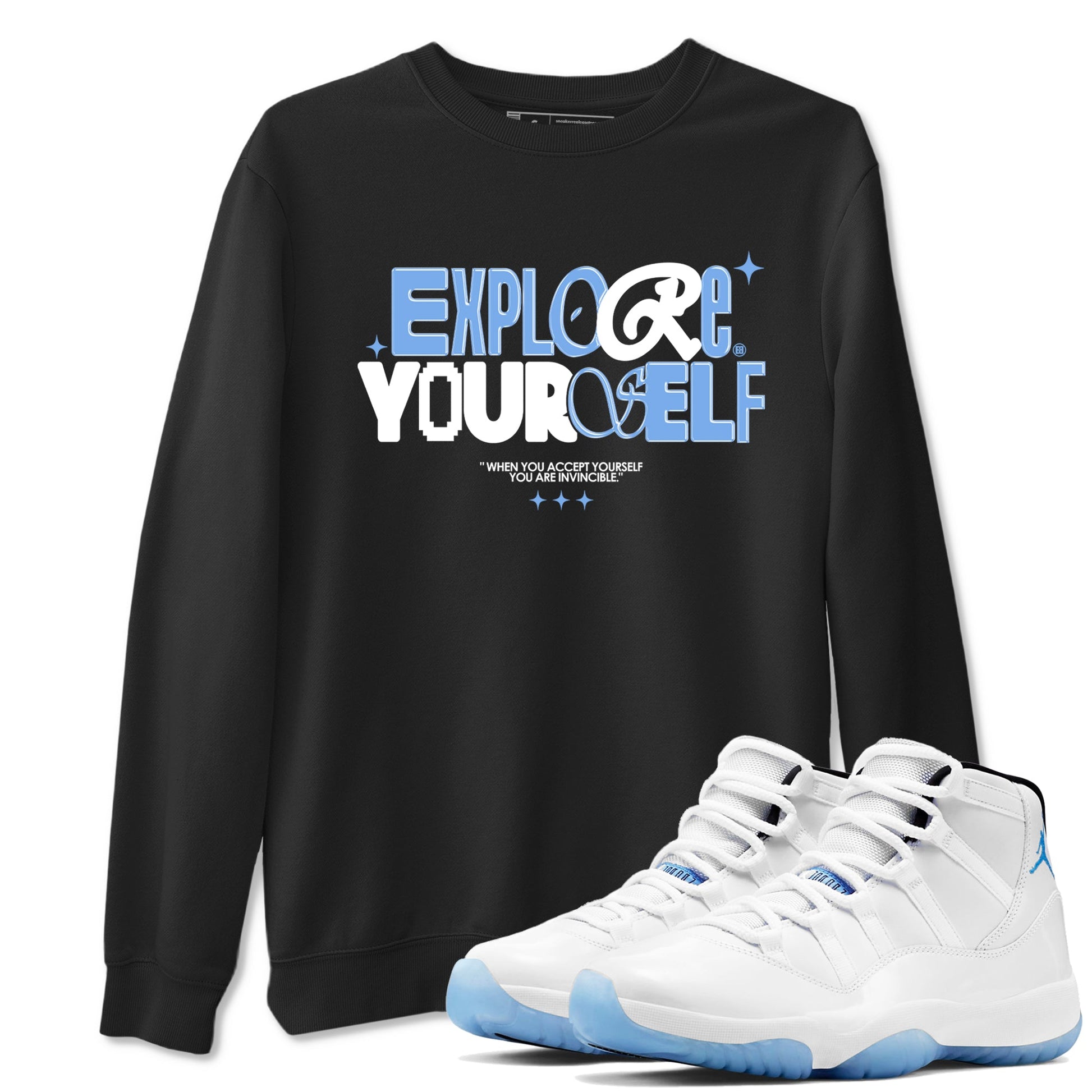 11s Legend Blue shirts to match jordans Explore Yourself sneaker match tees Air Jordan 11 Legend Blue SNRT Sneaker Release Tees unisex cotton Black 1 crew neck shirts