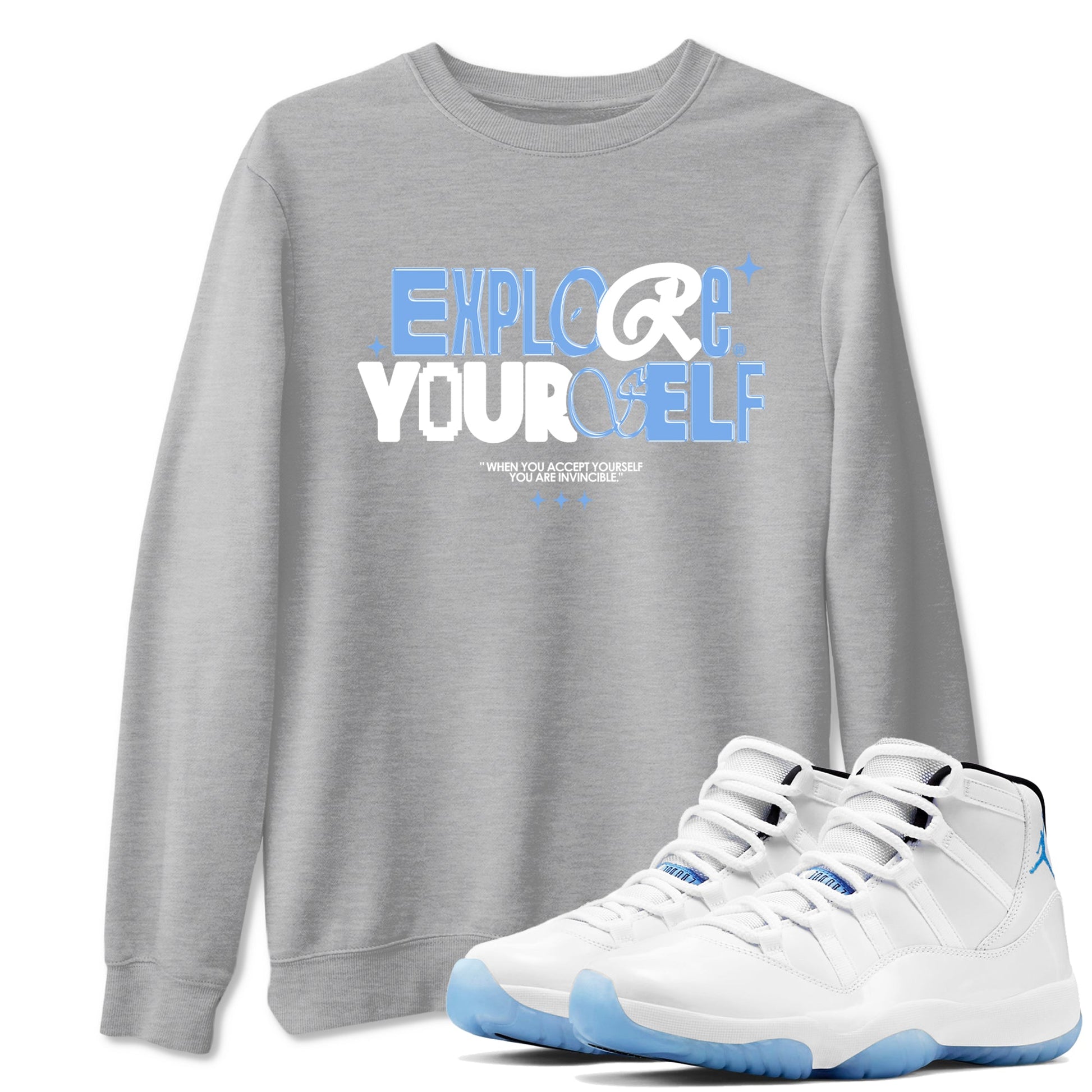 11s Legend Blue shirts to match jordans Explore Yourself sneaker match tees Air Jordan 11 Legend Blue SNRT Sneaker Release Tees unisex cotton Heather Grey 1 crew neck shirts
