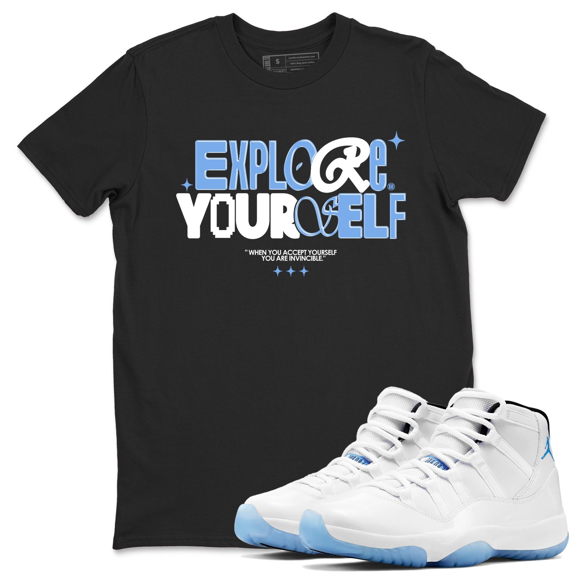 11s Legend Blue shirts to match jordans Explore Yourself sneaker match tees Air Jordan 11 Legend Blue SNRT Sneaker Release Tees unisex cotton Black 1 crew neck shirts