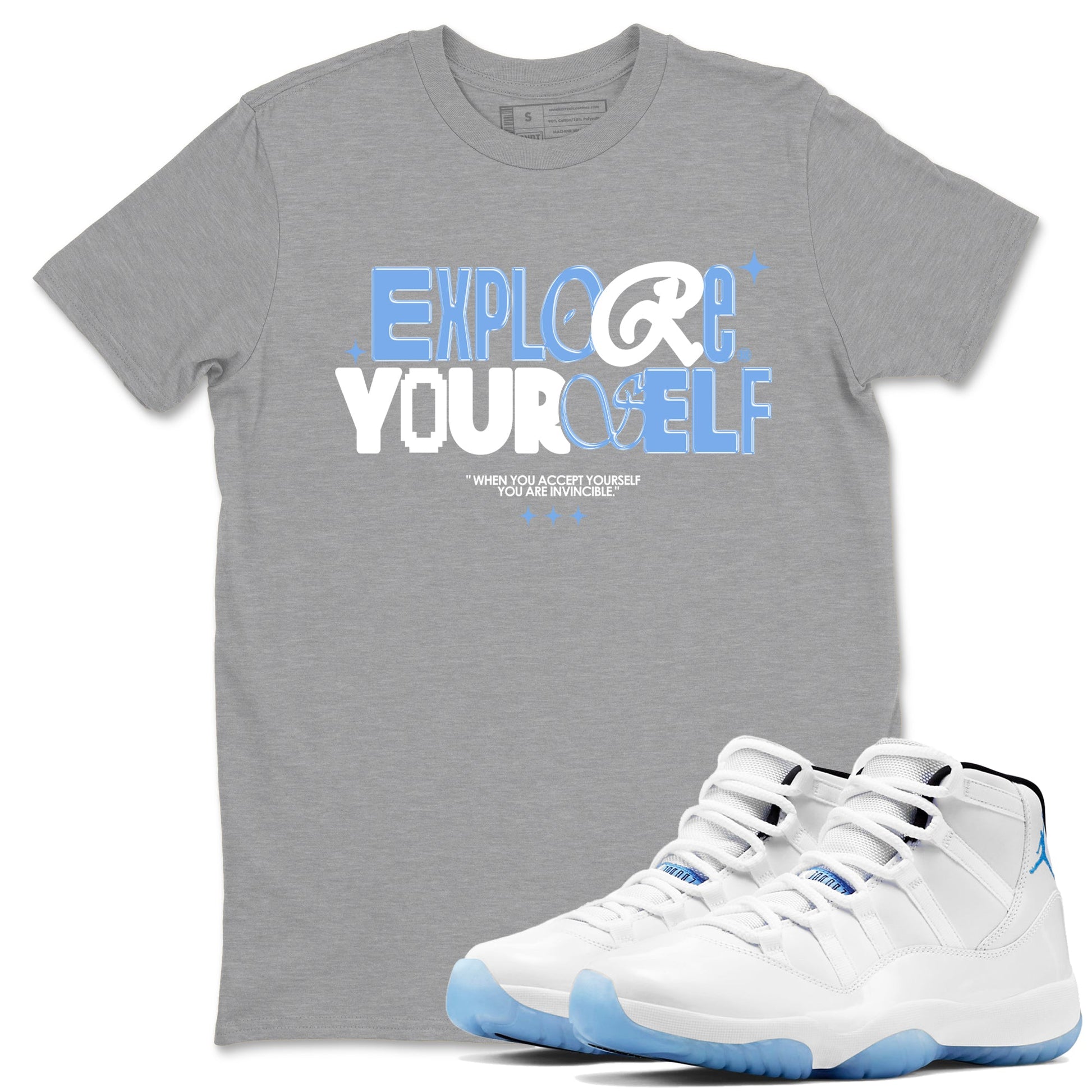 11s Legend Blue shirts to match jordans Explore Yourself sneaker match tees Air Jordan 11 Legend Blue SNRT Sneaker Release Tees unisex cotton Heather Grey 1 crew neck shirts