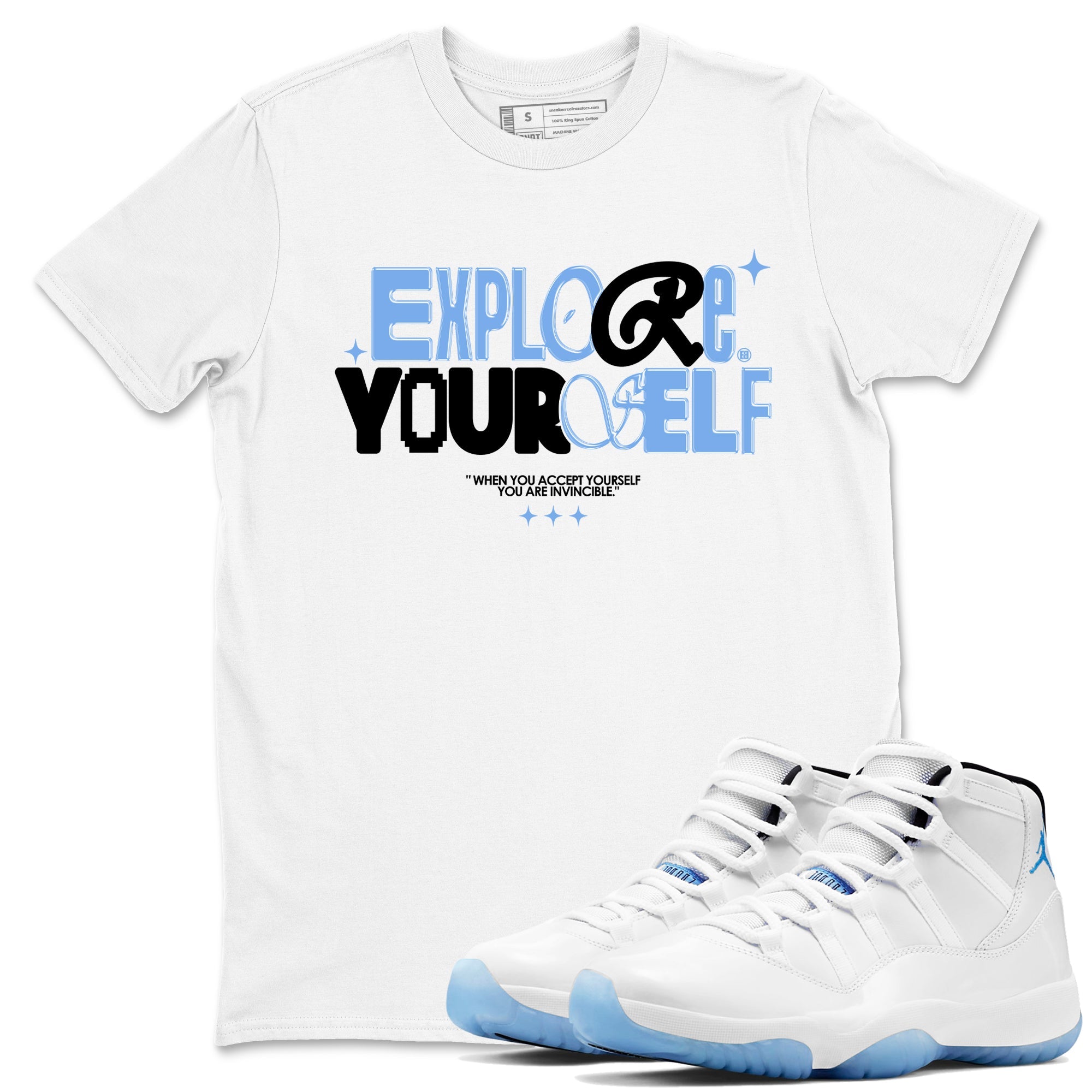 11s Legend Blue shirts to match jordans Explore Yourself sneaker match tees Air Jordan 11 Legend Blue SNRT Sneaker Release Tees unisex cotton White 1 crew neck shirts
