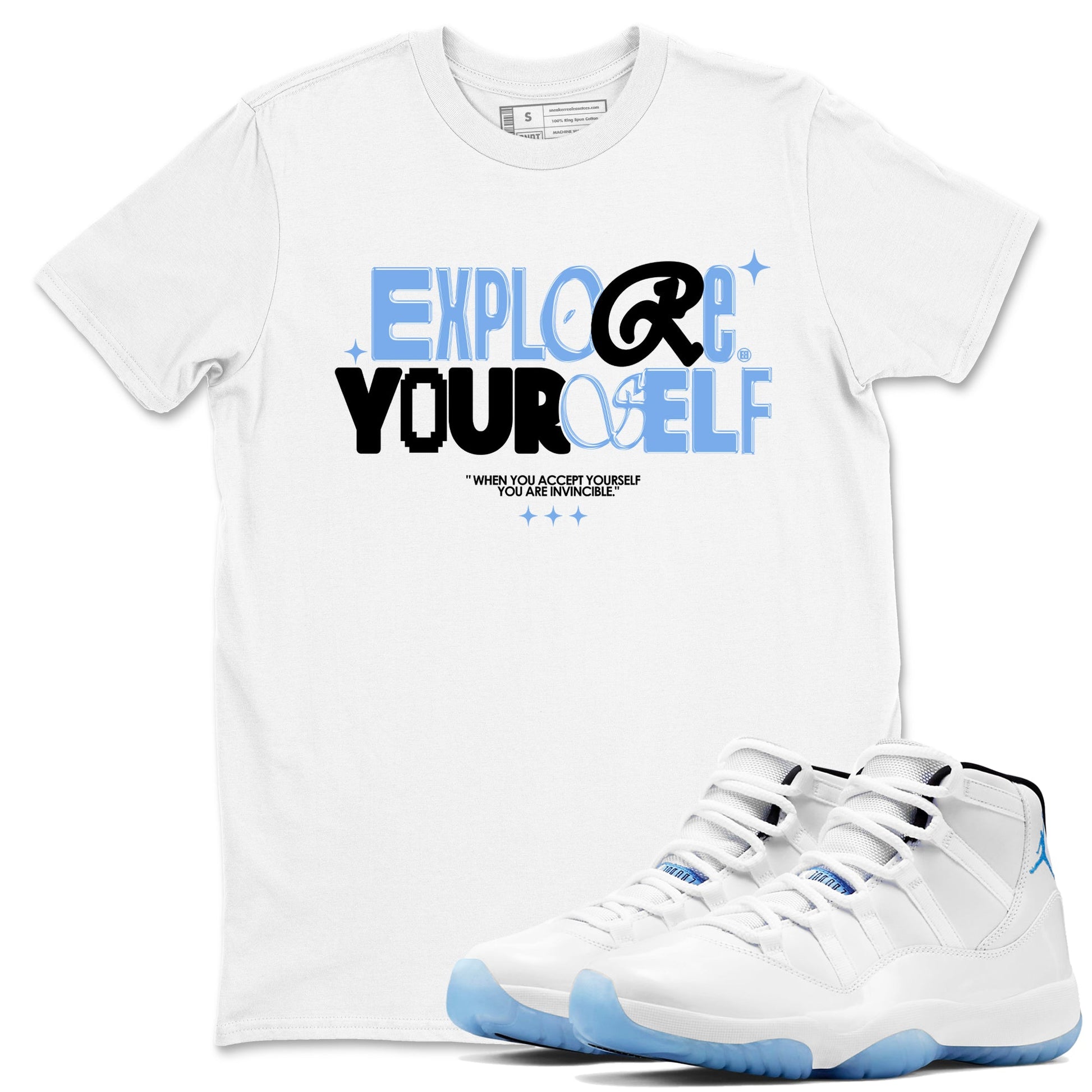 11s Legend Blue shirts to match jordans Explore Yourself sneaker match tees Air Jordan 11 Legend Blue SNRT Sneaker Release Tees unisex cotton White 1 crew neck shirts