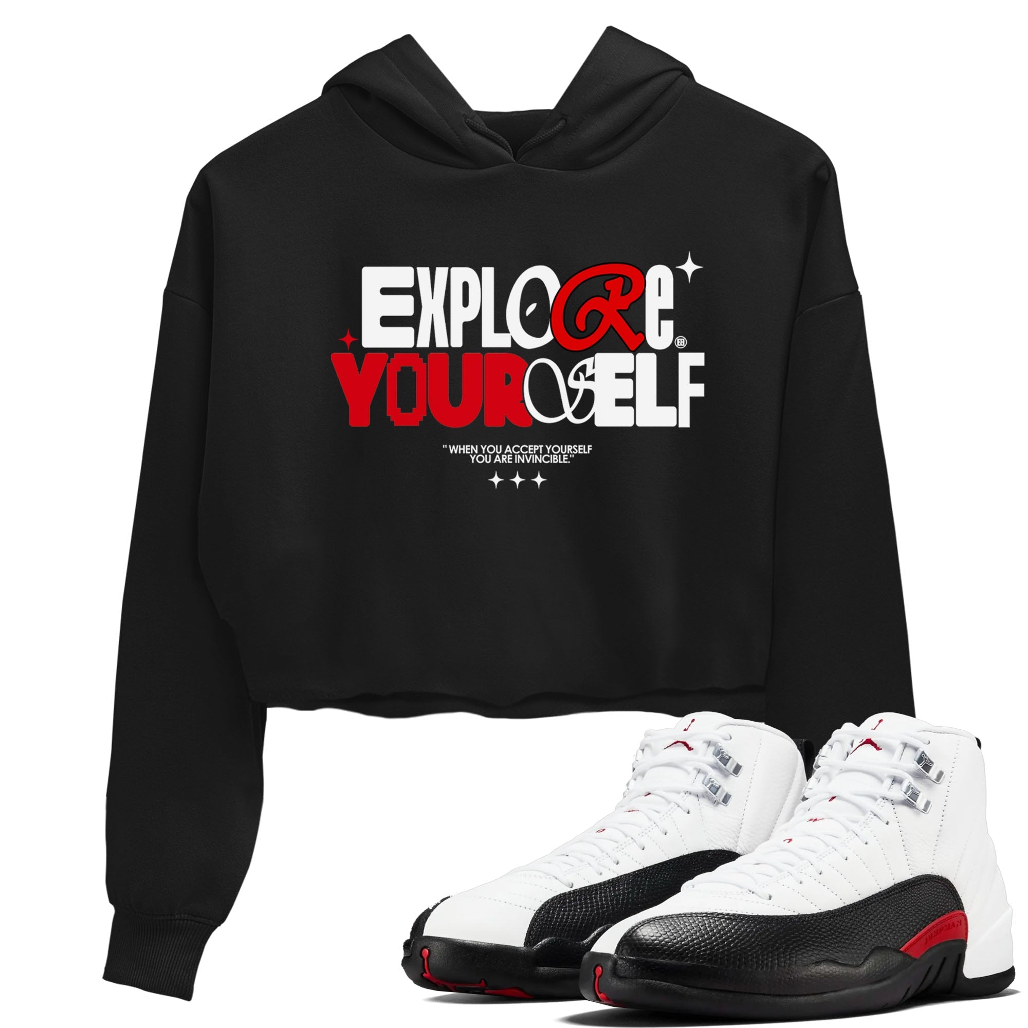 Air Jordan 12 Retro Taxi Flip shirts to match jordans Explore Yourself sneaker match tees 12s Red Taxi SNRT sneaker release Tees Black 1 crop length shirt