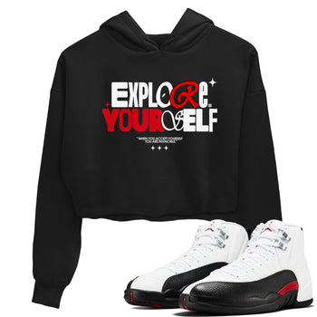Air Jordan 12 Retro Taxi Flip shirts to match jordans Explore Yourself sneaker match tees 12s Red Taxi SNRT sneaker release Tees Black 1 crop length shirt
