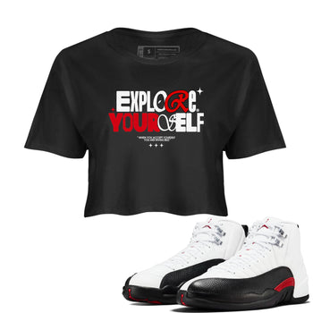 Air Jordan 12 Retro Taxi Flip shirts to match jordans Explore Yourself sneaker match tees 12s Red Taxi SNRT sneaker release Tees Black 1 crop length shirt