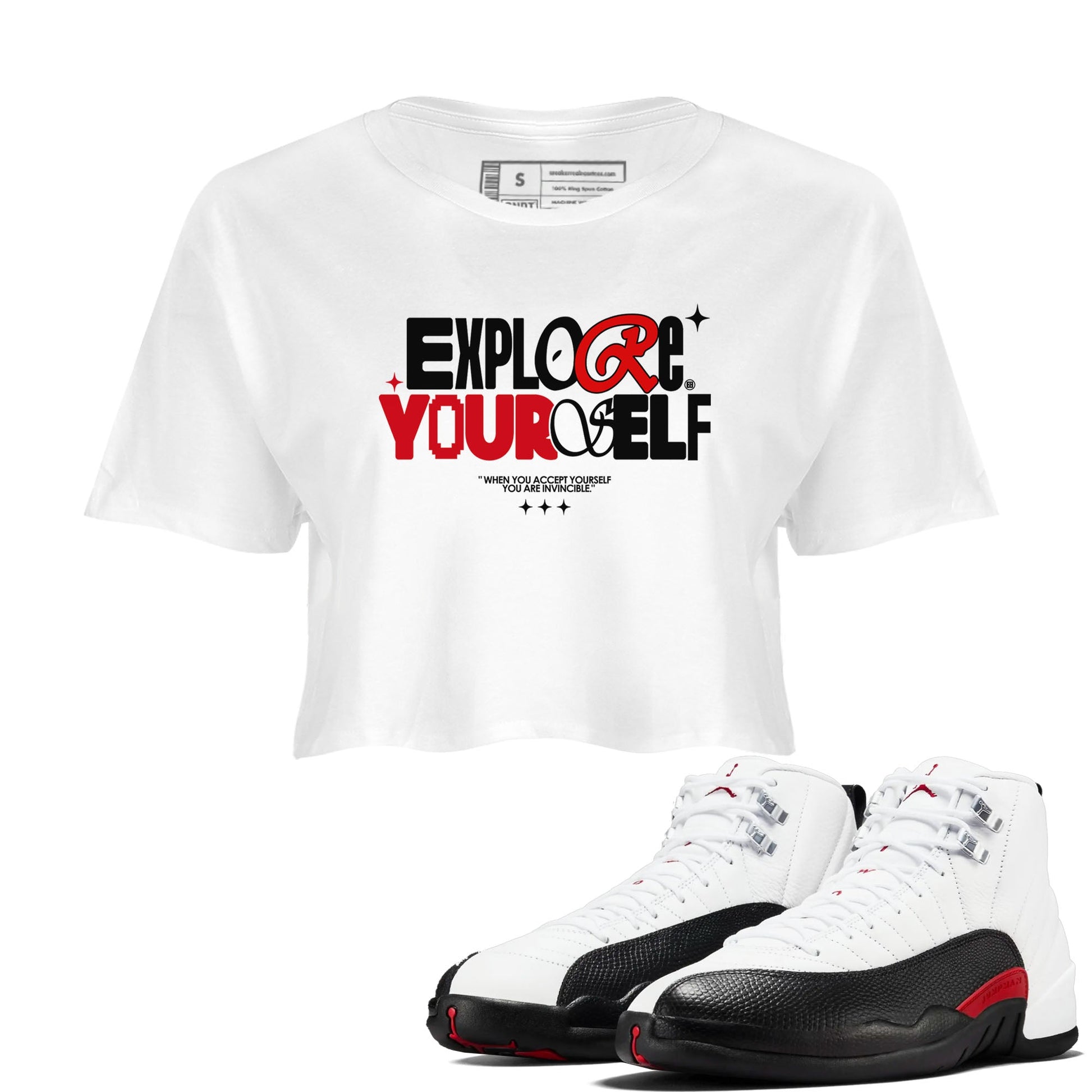 Air Jordan 12 Retro Taxi Flip shirts to match jordans Explore Yourself sneaker match tees 12s Red Taxi SNRT sneaker release Tees White 1 crop length shirt
