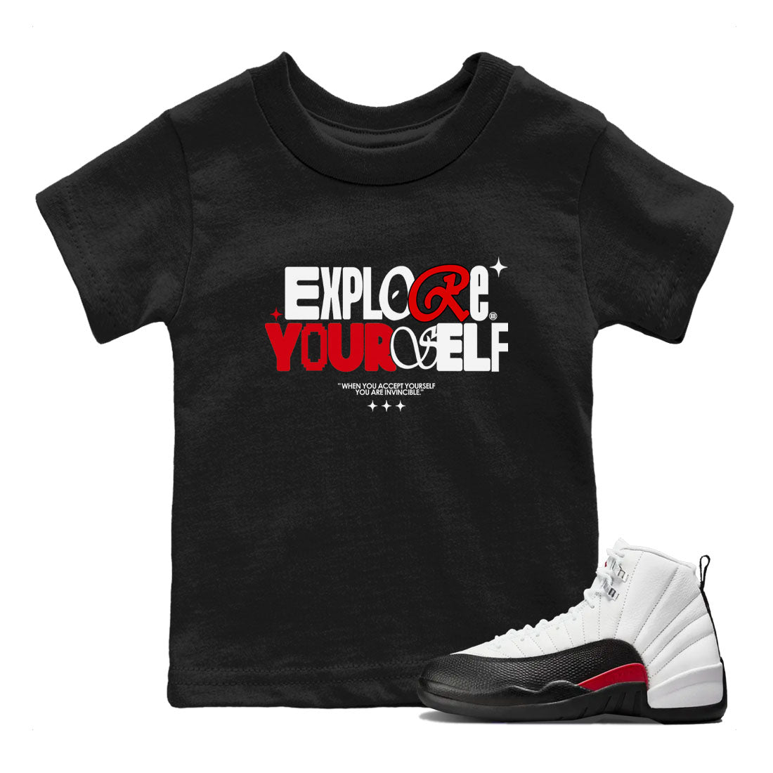Air Jordan 12 Retro Taxi Flip shirts to match jordans Explore Yourself sneaker match tees 12s Red Taxi SNRT sneaker release tees baby toddler Black 1 cotton Shirt