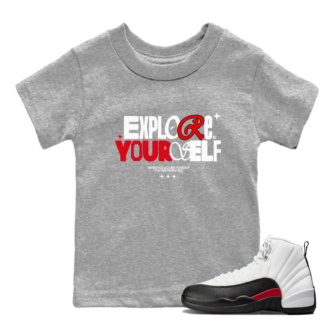 Air Jordan 12 Retro Taxi Flip shirts to match jordans Explore Yourself sneaker match tees 12s Red Taxi SNRT sneaker release tees baby toddler Heather Grey 1 cotton Shirt