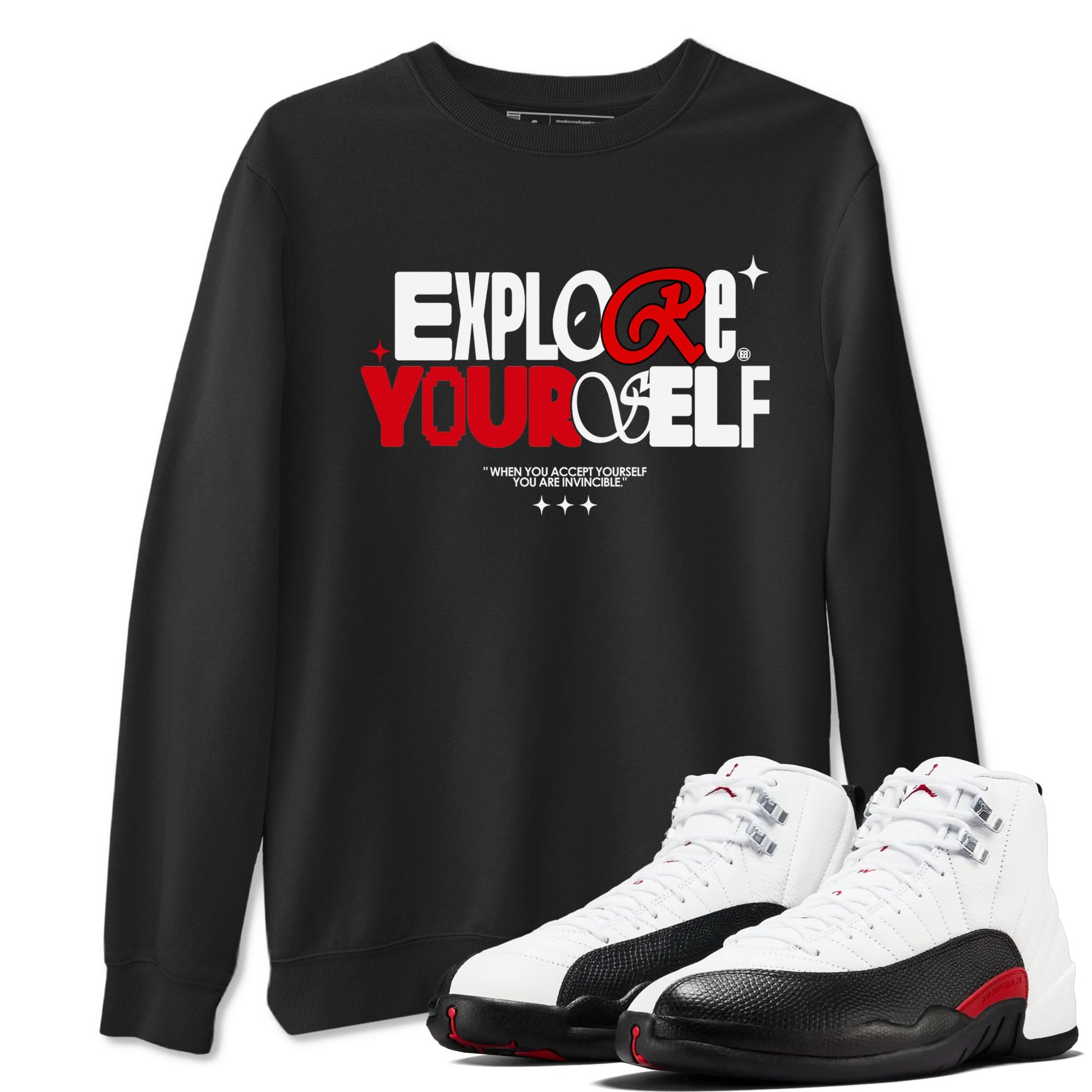 Air Jordan 12 Retro Taxi Flip shirts to match jordans Explore Yourself sneaker match tees 12s Red Taxi SNRT sneaker release Tees unisex cotton Black 1 crew neck shirt