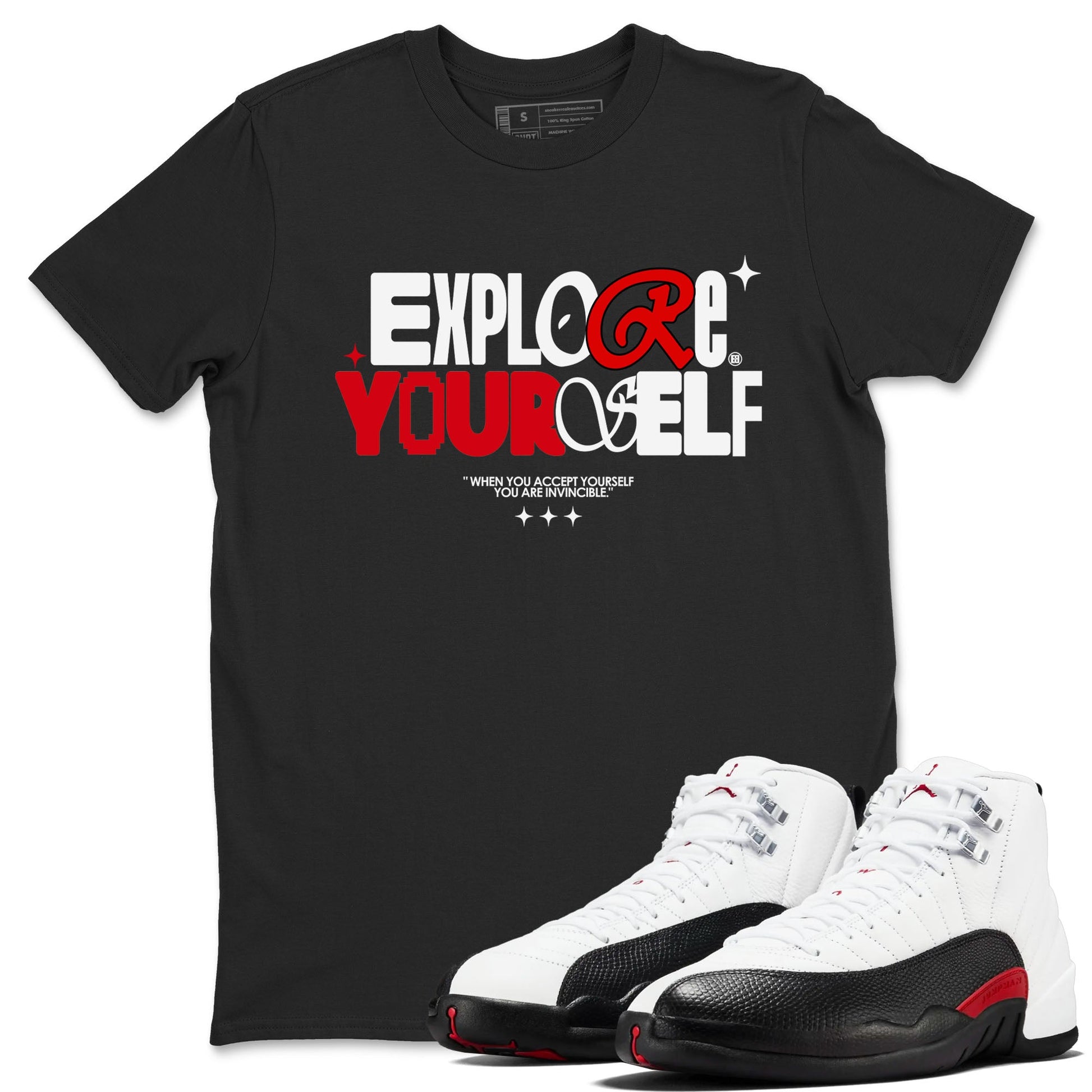 Air Jordan 12 Retro Taxi Flip shirts to match jordans Explore Yourself sneaker match tees 12s Red Taxi SNRT sneaker release Tees unisex cotton Black 1 crew neck shirt