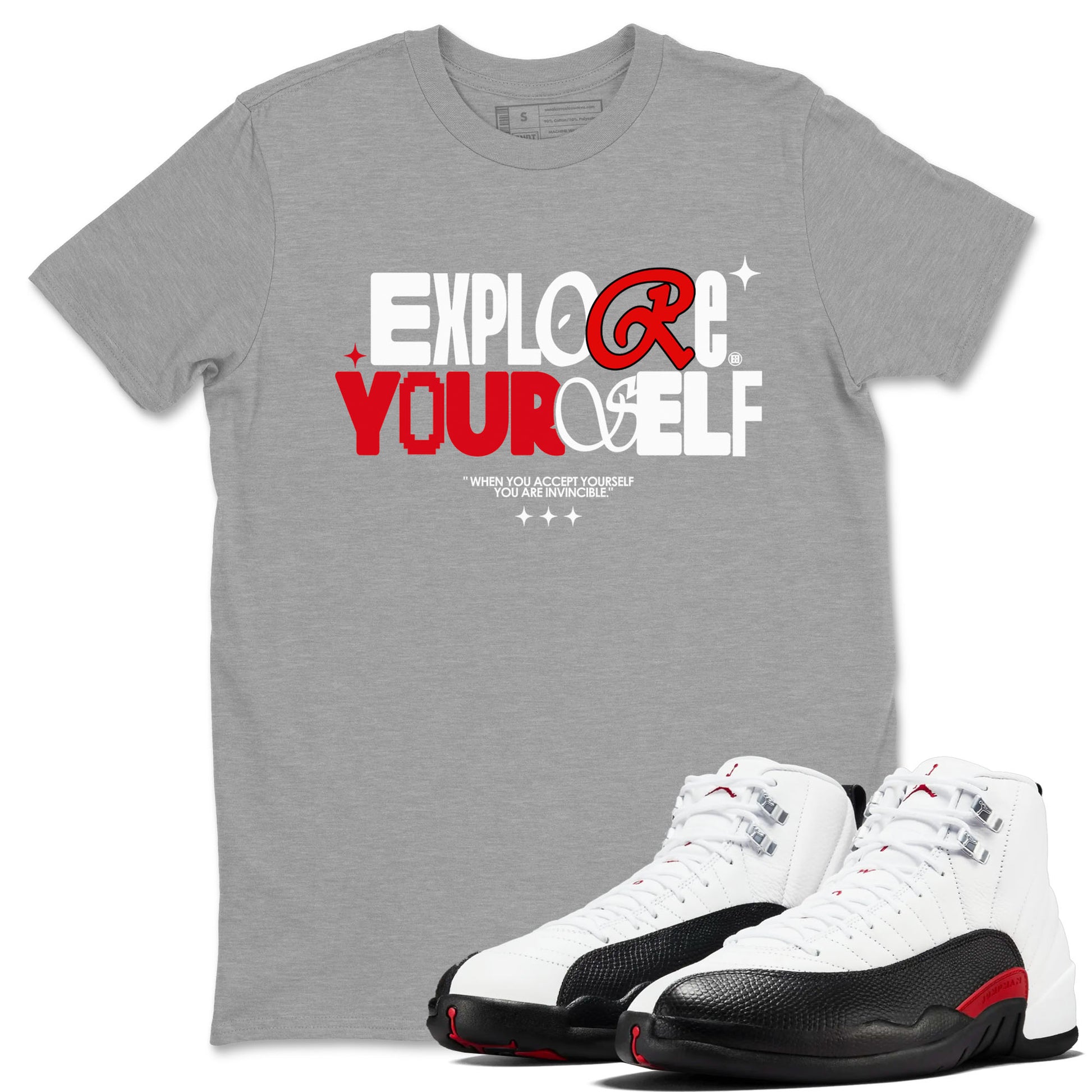 Air Jordan 12 Retro Taxi Flip shirts to match jordans Explore Yourself sneaker match tees 12s Red Taxi SNRT sneaker release Tees unisex cotton Heather Grey 1 crew neck shirt