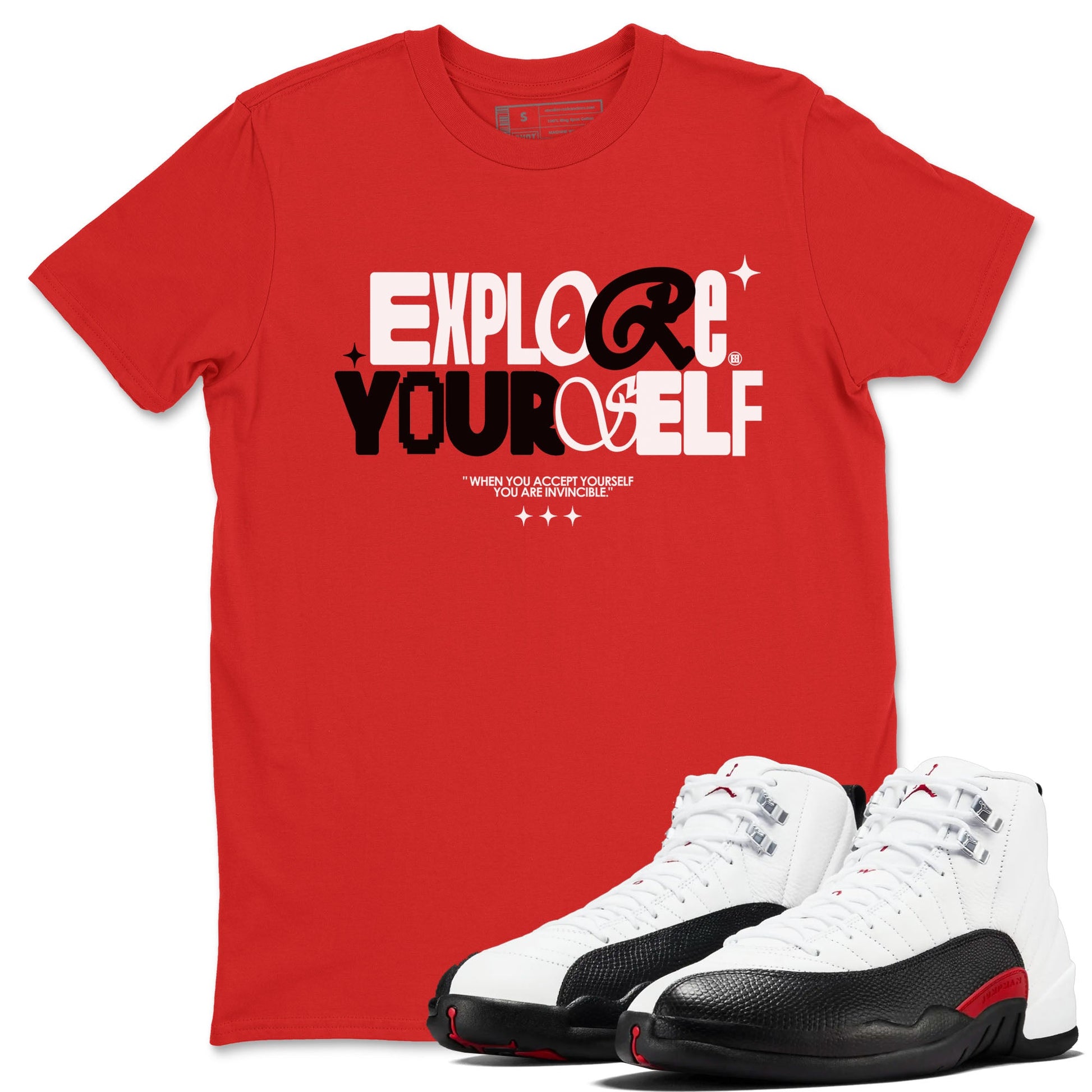 Air Jordan 12 Retro Taxi Flip shirts to match jordans Explore Yourself sneaker match tees 12s Red Taxi SNRT sneaker release Tees unisex cotton Red 1 crew neck shirt