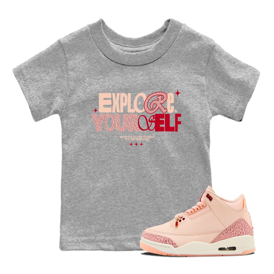 Air Jordan 3 "Treat Yourself" Washed Coral shirts to Special Valentine's Day Explore Yourself sneaker match tees Jordan 3 Valentine's Day best t shirts to wear with jordans SNRT Sneaker Tees Youth Baby Heather Grey 1 tee