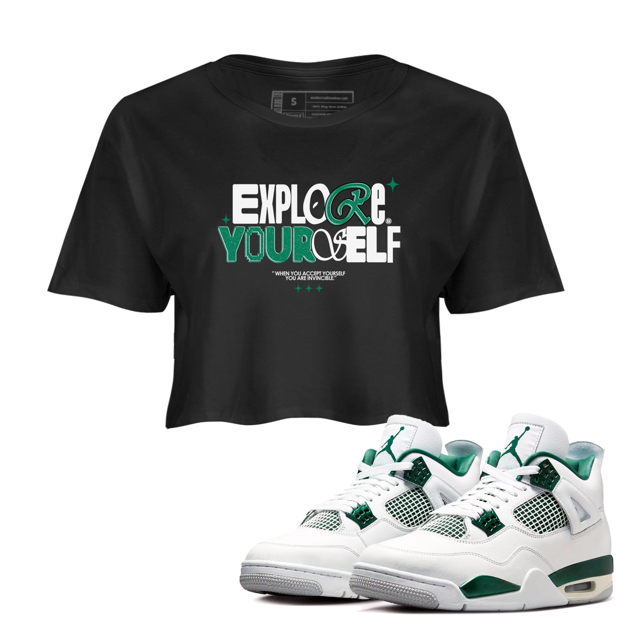 4s Oxidized Green shirts to match jordans Explore Yourself sneaker match tees Air Jordan 4 Oxidized Green SNRT Sneaker Tees streetwear brand Black 1 crop tee