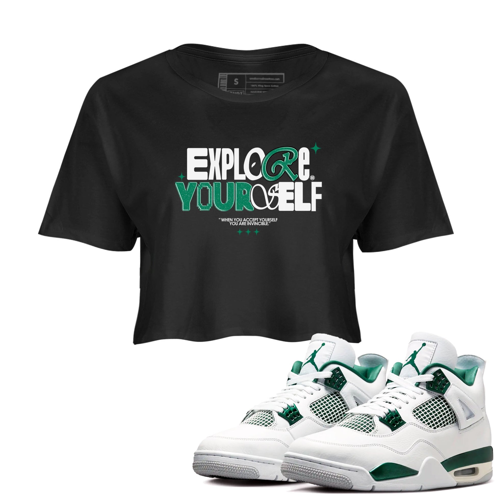 4s Oxidized Green shirts to match jordans Explore Yourself sneaker match tees Air Jordan 4 Oxidized Green SNRT Sneaker Tees streetwear brand Black 1 crop tee