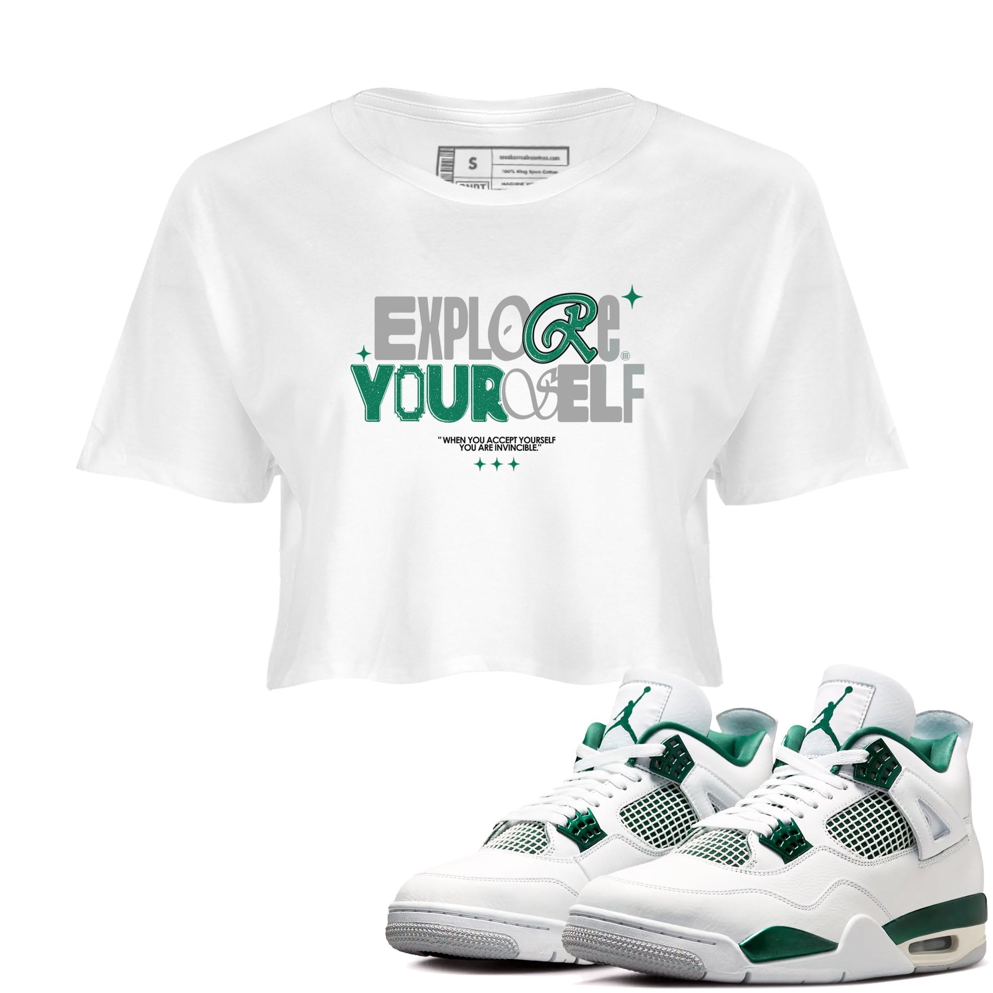 4s Oxidized Green shirts to match jordans Explore Yourself sneaker match tees Air Jordan 4 Oxidized Green SNRT Sneaker Tees streetwear brand White 1 crop tee