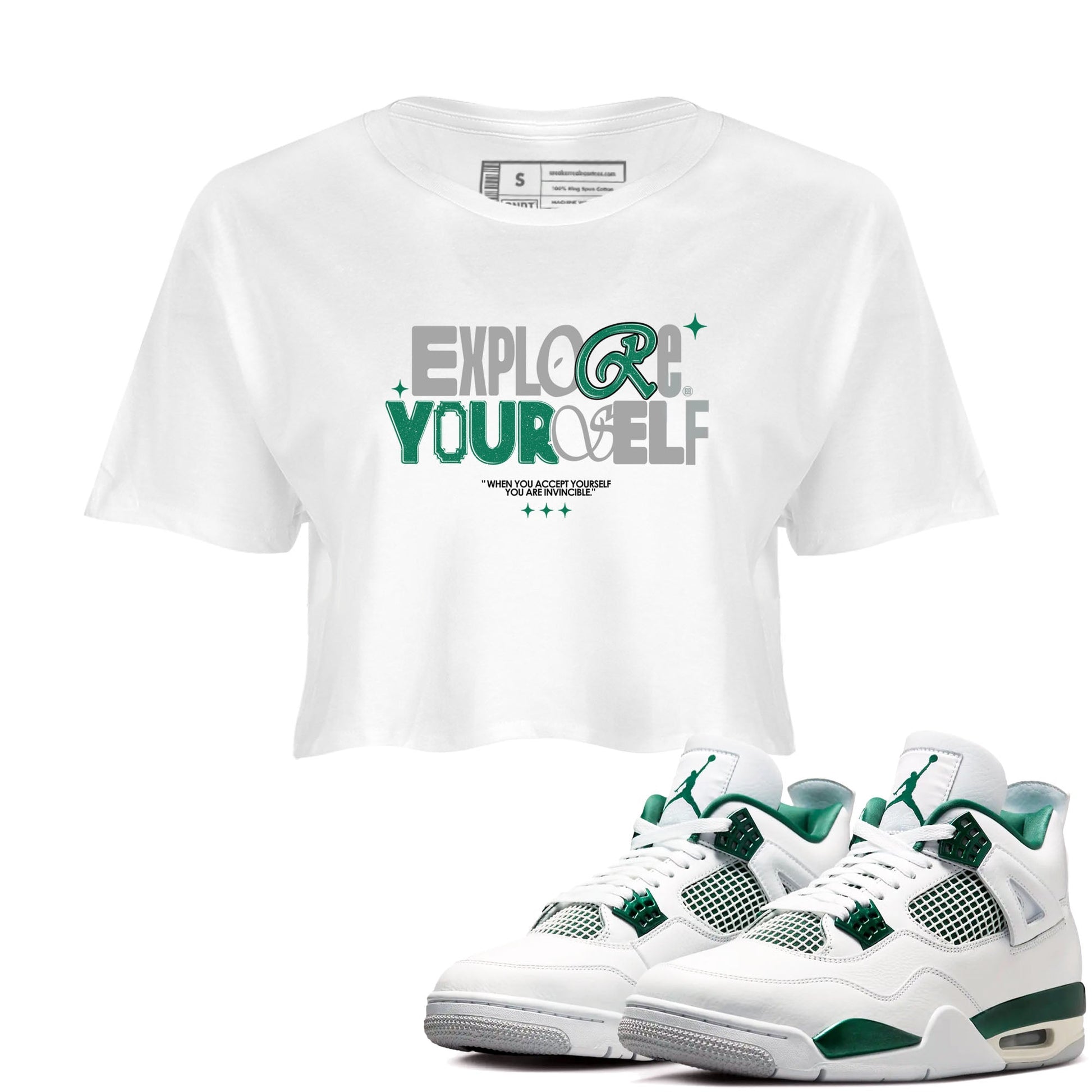 4s Oxidized Green shirts to match jordans Explore Yourself sneaker match tees Air Jordan 4 Oxidized Green SNRT Sneaker Tees streetwear brand White 1 crop tee