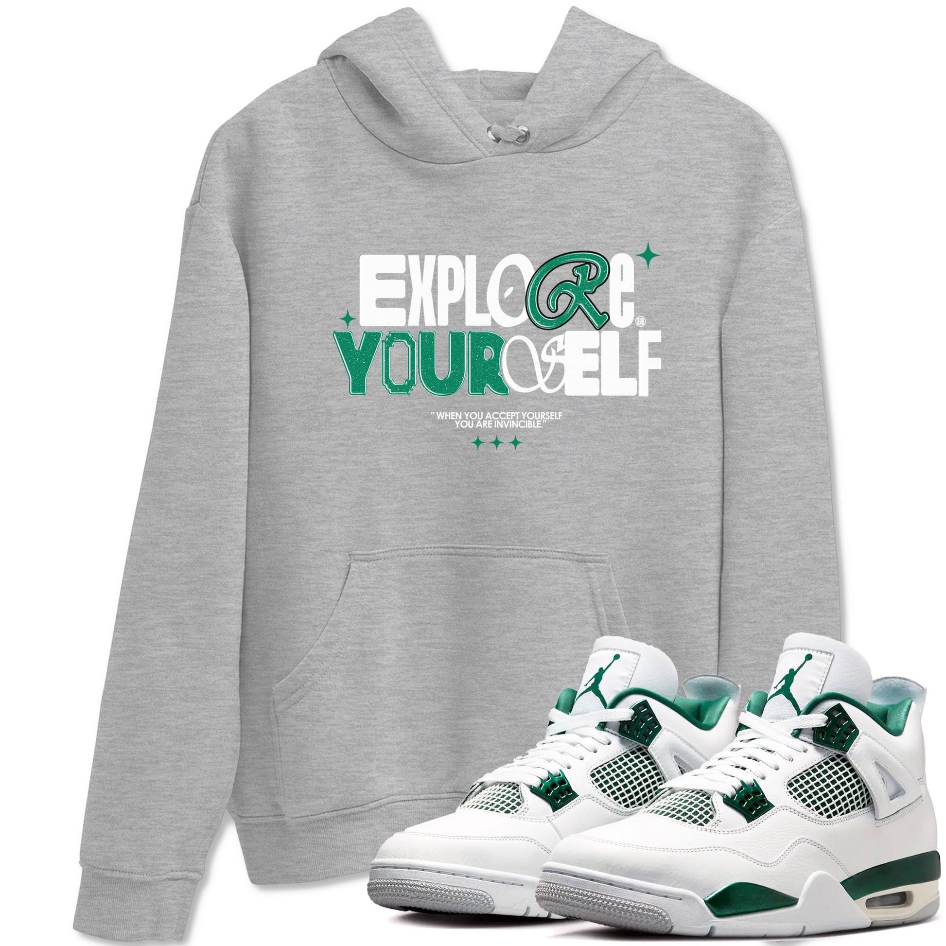 4s Oxidized Green shirts to match jordans Explore Yourself sneaker match tees Air Jordan 4 Oxidized Green SNRT Sneaker Tees streetwear brand Heather Grey 1 unisex cotton tee