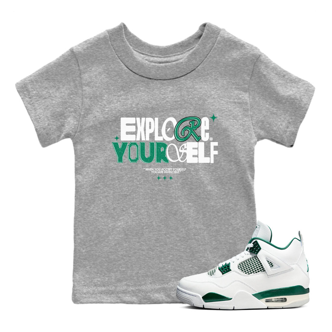 4s Oxidized Green shirts to match jordans Explore Yourself sneaker match tees Air Jordan 4 Oxidized Green SNRT Sneaker Tees streetwear brand Baby and Youth Heather Grey 1 cotton tee